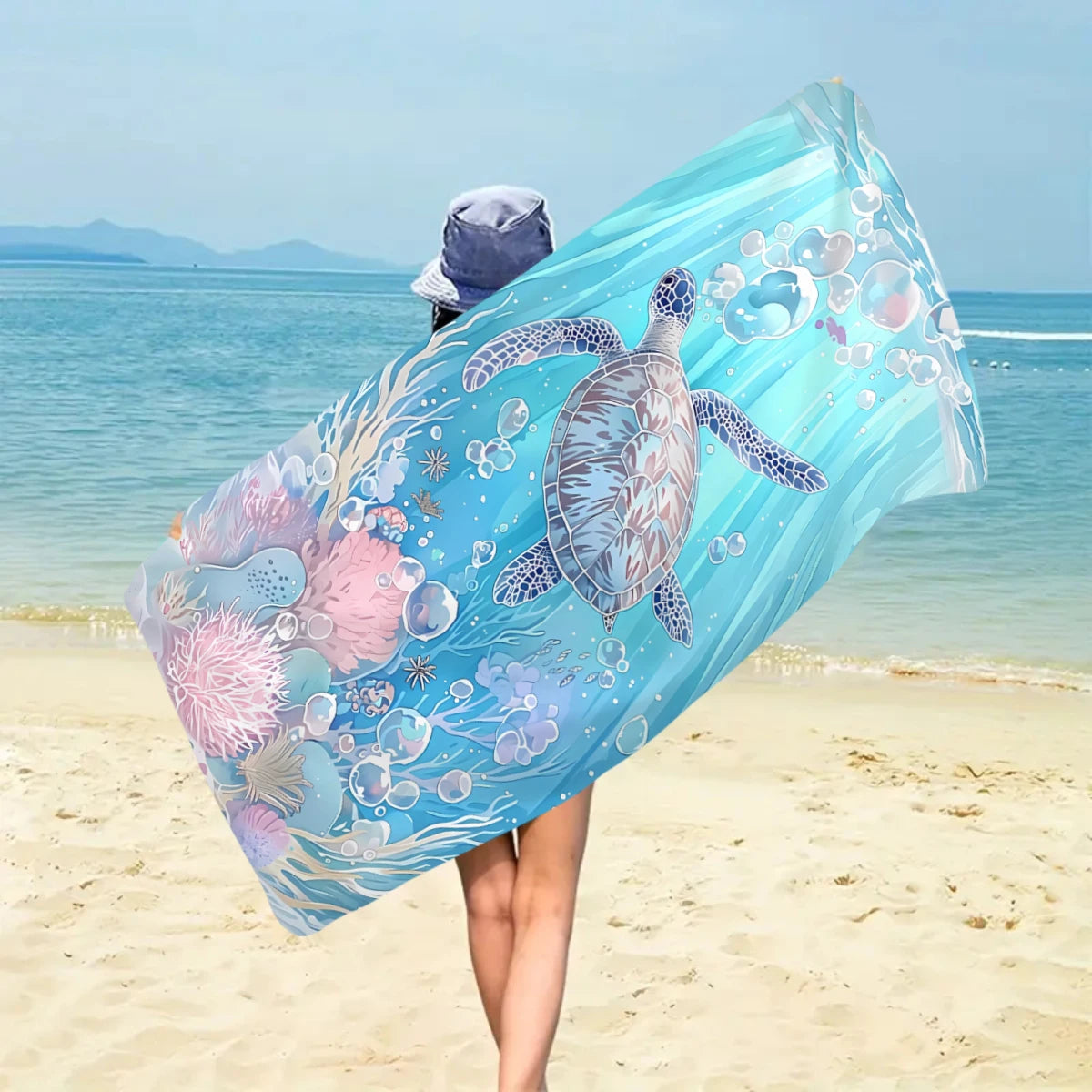 Großes Strandtuch mit Ozean-Motiv – Schildkröte, Seestern & Muschel Print | Schnell Trocknendes Saugfähiges Mikrofaser Strandtuch Kaufschwan®