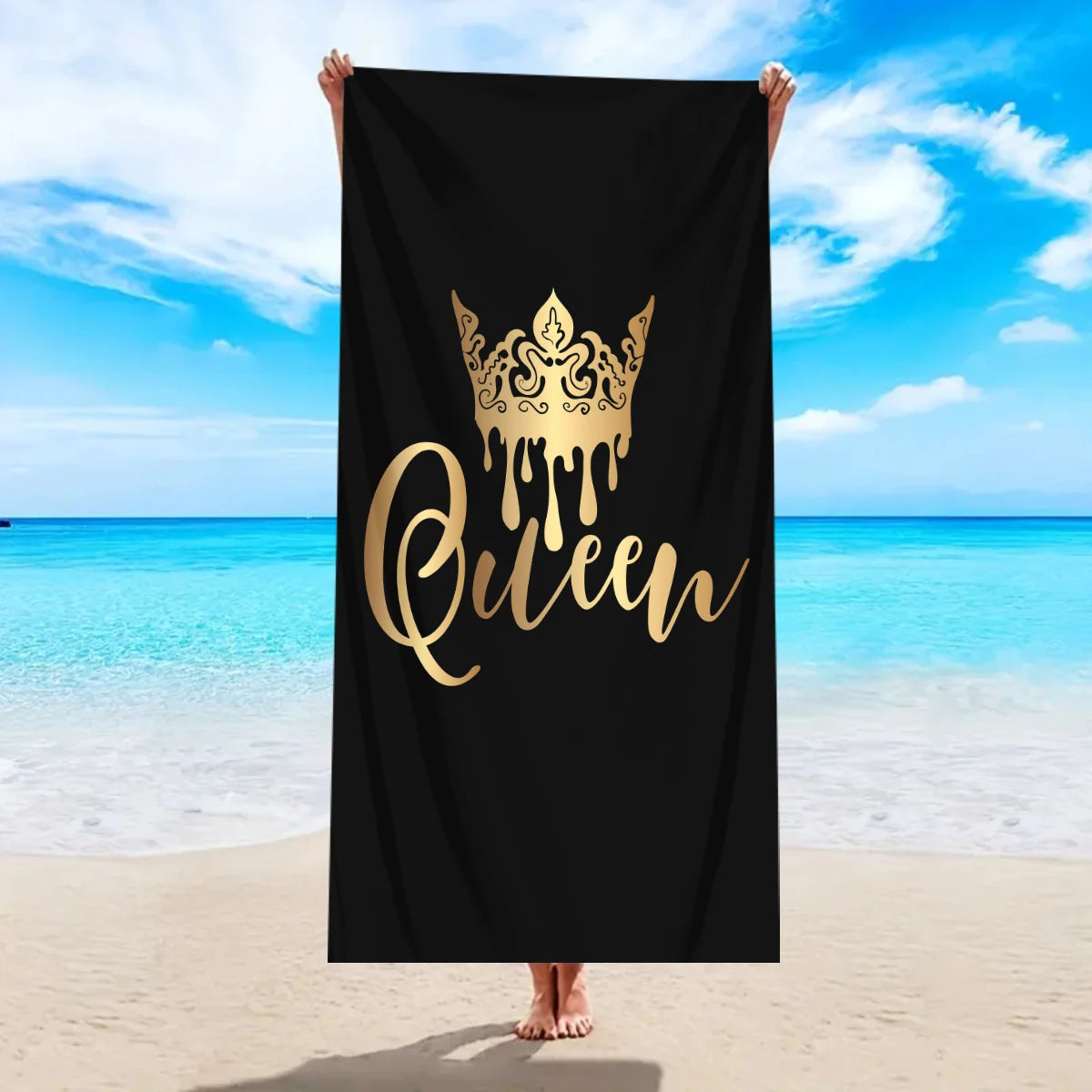 King & Queen Strandtücher – Schnell Trocknende Ultrafeine Mikrofaser Handtücher | Saugfähige Stranddecken für Schwimmen & Reisen Kaufschwan® Schwarz-Gold (Schrift: Queen) 150x75cm