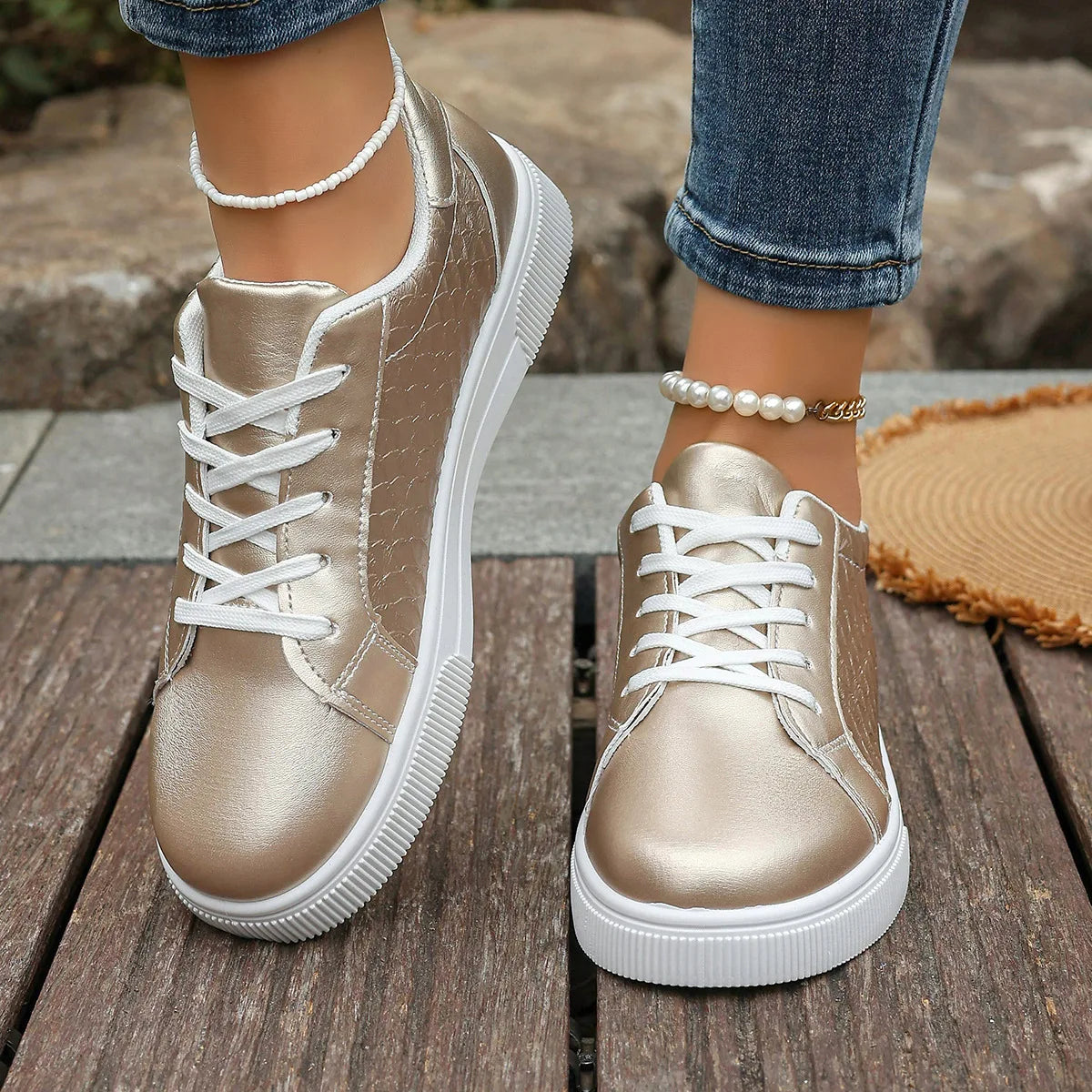 Damen Sneaker in Gold & Silber | Frühling & Herbst Schnürschuhe aus Weichem PU Leder | Modische Freizeitschuhe Kaufschwan®