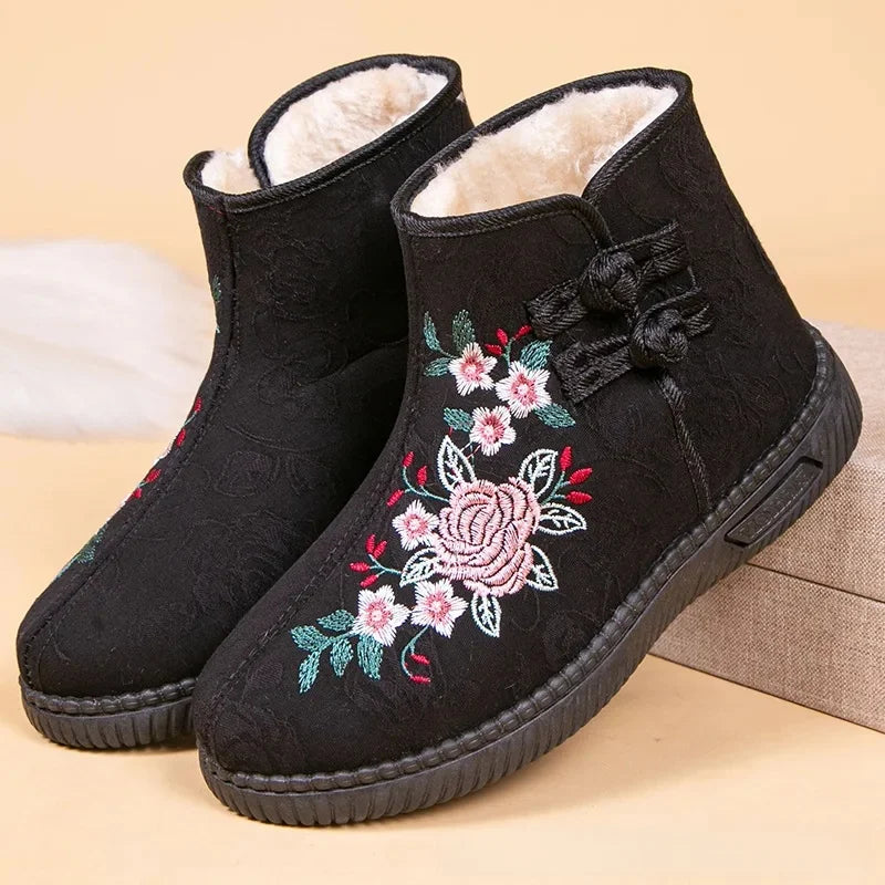 Damen Bestickte Schneestiefel – Mittelhohe Baumwollstiefel mit Kunstfell Fleece Futter | Warme Winter Schuhe für Mütter Kaufschwan® Schwarz 36