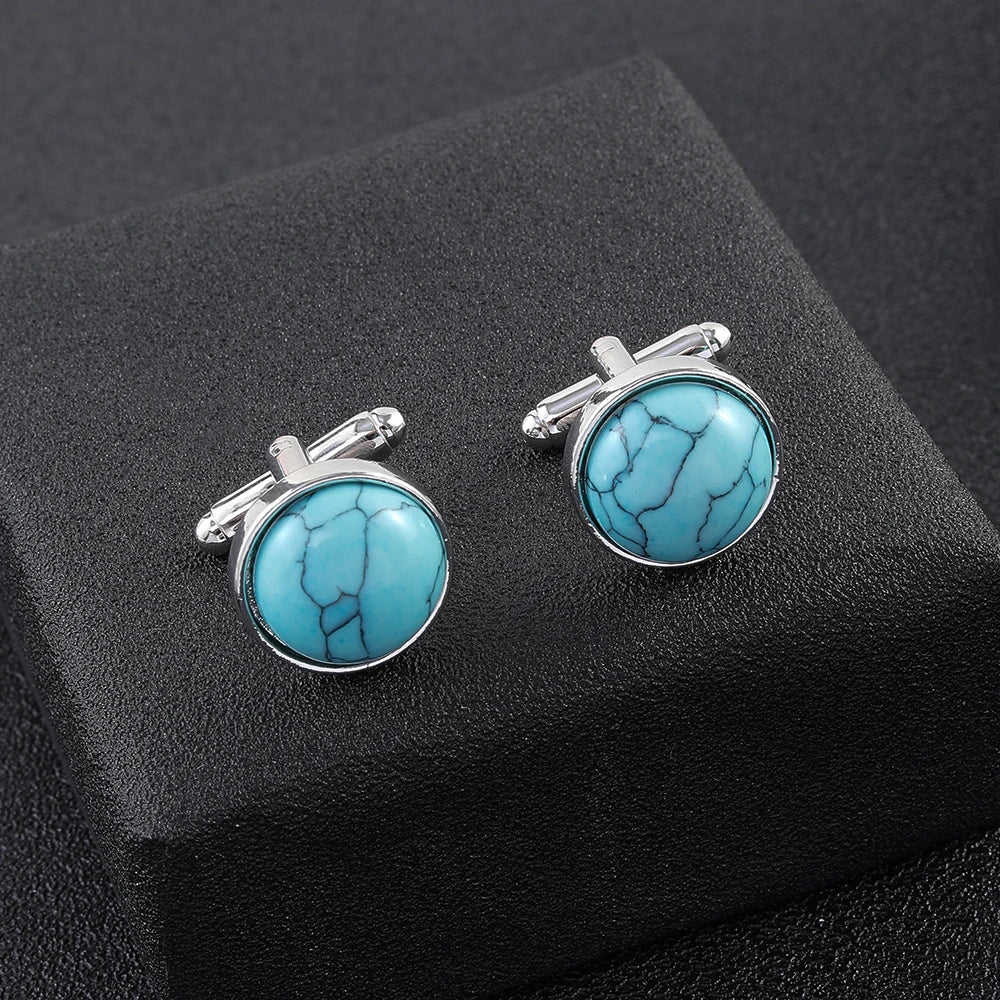 Blaue Stein Manschettenknöpfe – Elegante Unisex Schmuck Accessoires | Runde Metall Ärmelknöpfe für Anzüge & Feste Kaufschwan®