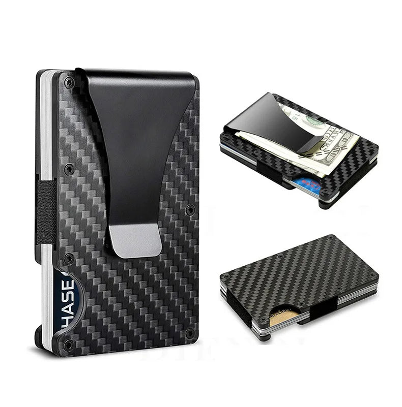 Minimalistische Geldbörse für Herren – RFID Aluminium Metall Wallet mit Geldklammer & Geldband (Carbonfaser Kartenhalter) Kaufschwan®