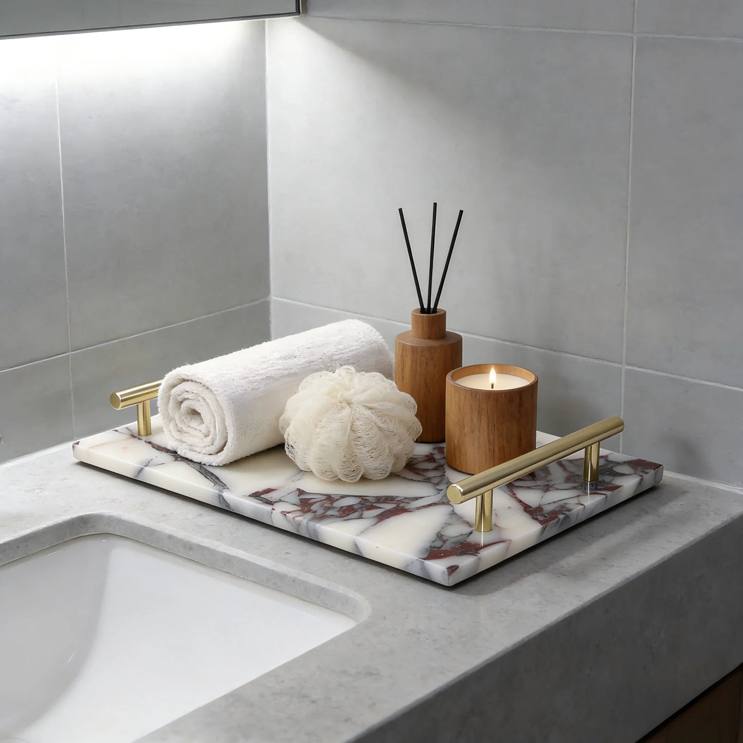 Marmor Badezimmer-Tablett – Eleganter Naturstein Organizer für Waschtisch, Handtücher, Schmuck & Dekoration Kaufschwan®