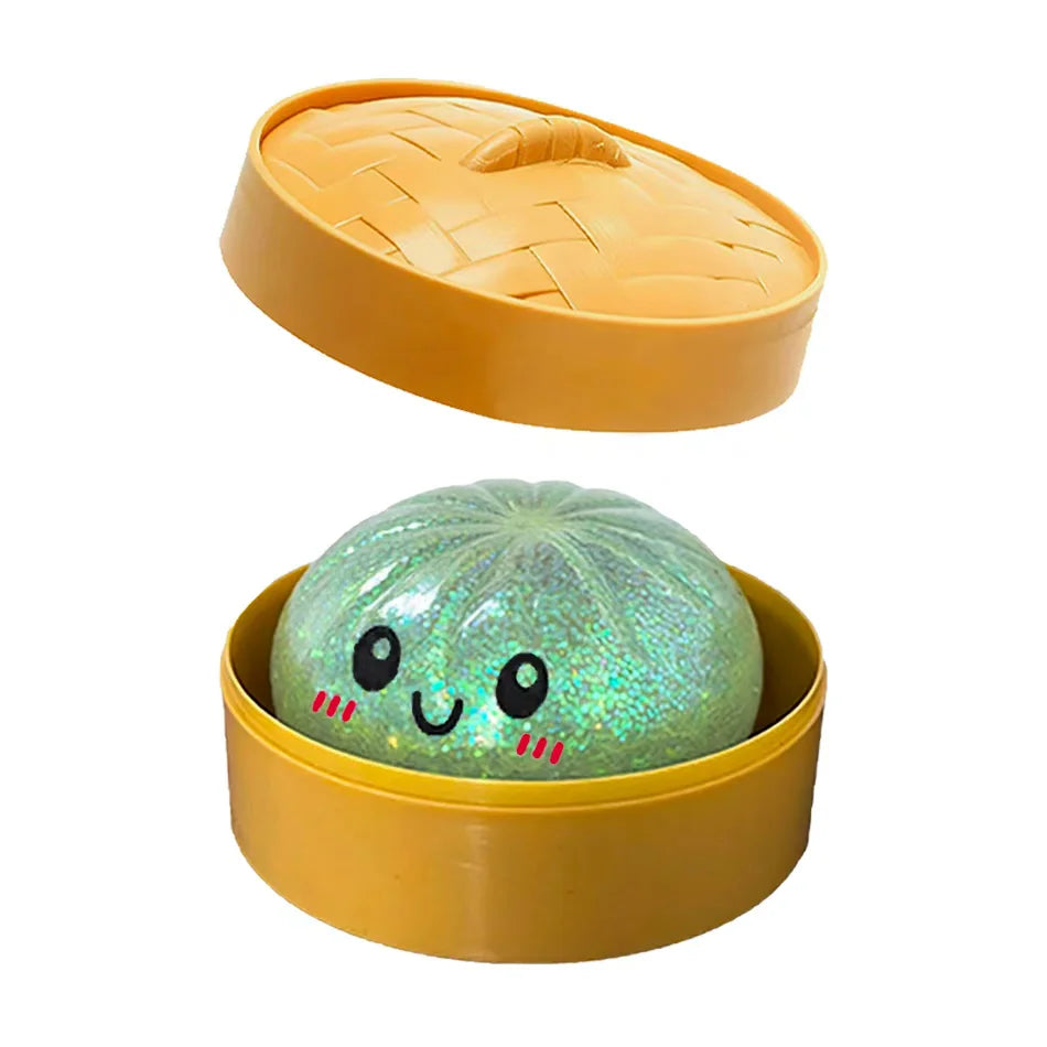 Bunte Glitzer-Dumpling-Squishies in 6 Designs mit Box – Weiches Sensorik-, Knautsch- & Fidget-Spielzeug zum Stressabbau und Sammeln
