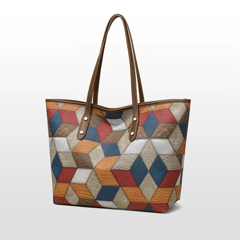 Damenhandtasche mit Großem Fassungsvermögen – Lässige PU Leder Patchwork Tote | Modische Unterarm & Schultertasche Kaufschwan®