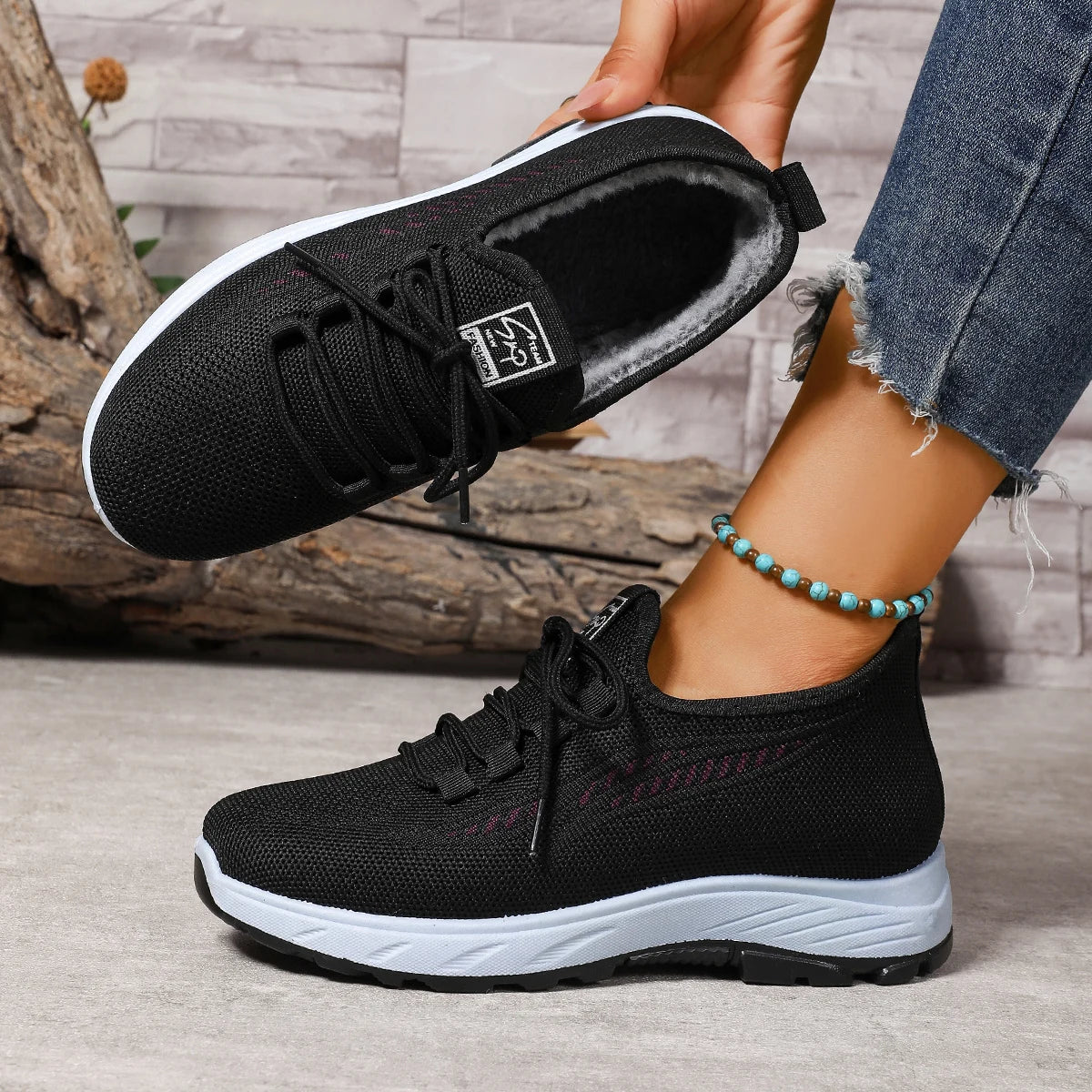 Damen Sportschuhe – Atmungsaktive Slip-On Freizeitschuhe mit Kunstfell Futter | Weiche Rutschfeste Winter Schuhe Kaufschwan®