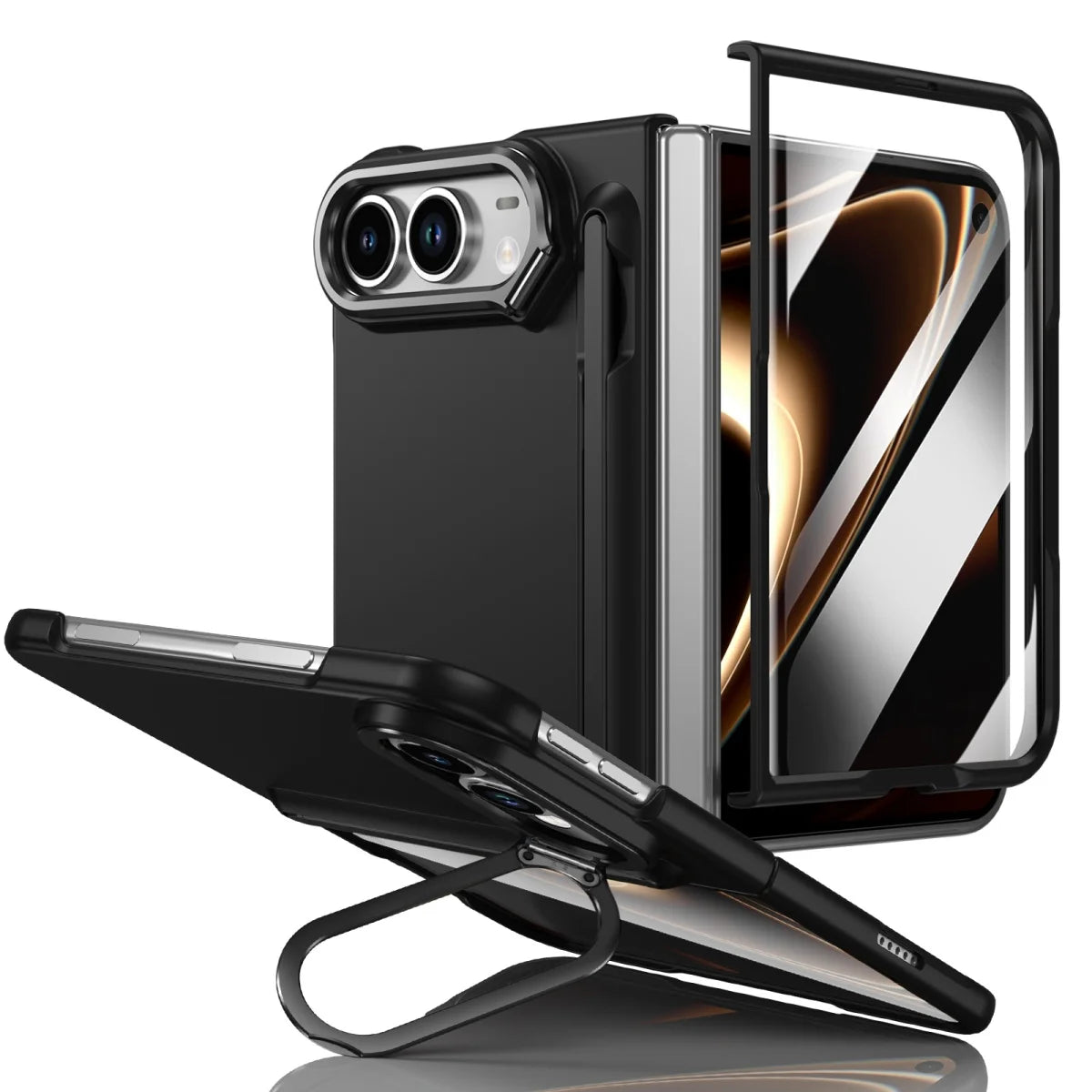 Schützende Klapphülle für iPhone Duo – Stoßfeste Hart-PC-Hülle mit Stifthalter, Displayschutz, Scharnierschutz und Metallständer Kaufschwan® Schwarz iPhone Duo