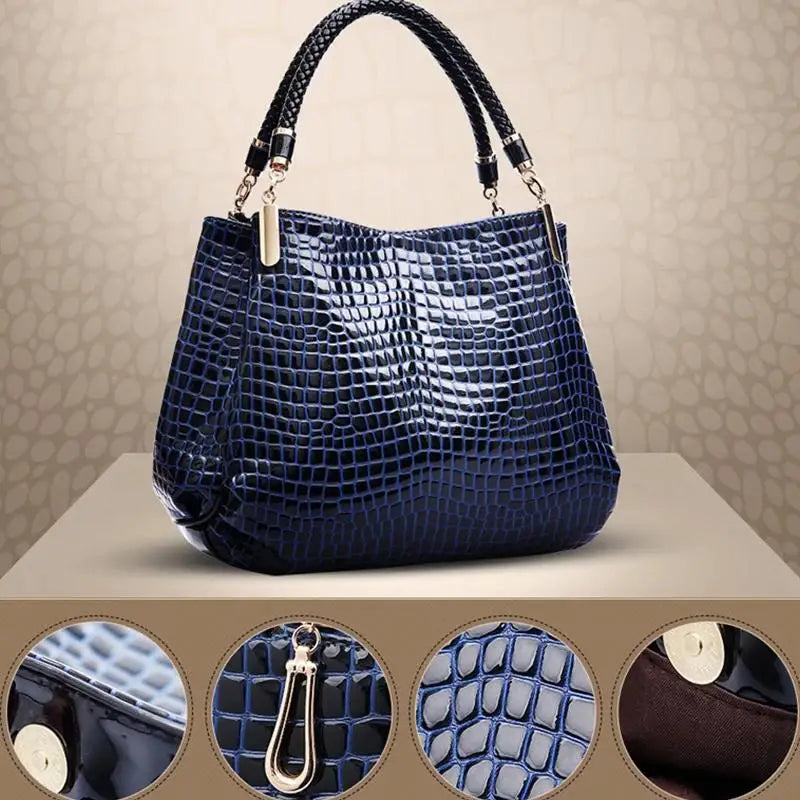 Große Damen Tote Tasche mit Kroko Print – Schultertasche für Pendeln & Shopping | Glänzende Alltagshandtasche Kaufschwan®