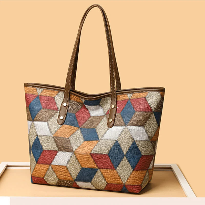 Damenhandtasche mit Großem Fassungsvermögen – Lässige PU Leder Patchwork Tote | Modische Unterarm & Schultertasche Kaufschwan®
