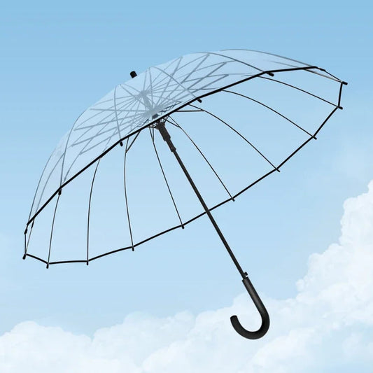 Transparenter Regenschirm – Windfester 16-Streben Langgriff-Schirm für Damen, Wasserdichter Großer Halbautomatischer Regenschirm Kaufschwan® Schwarz