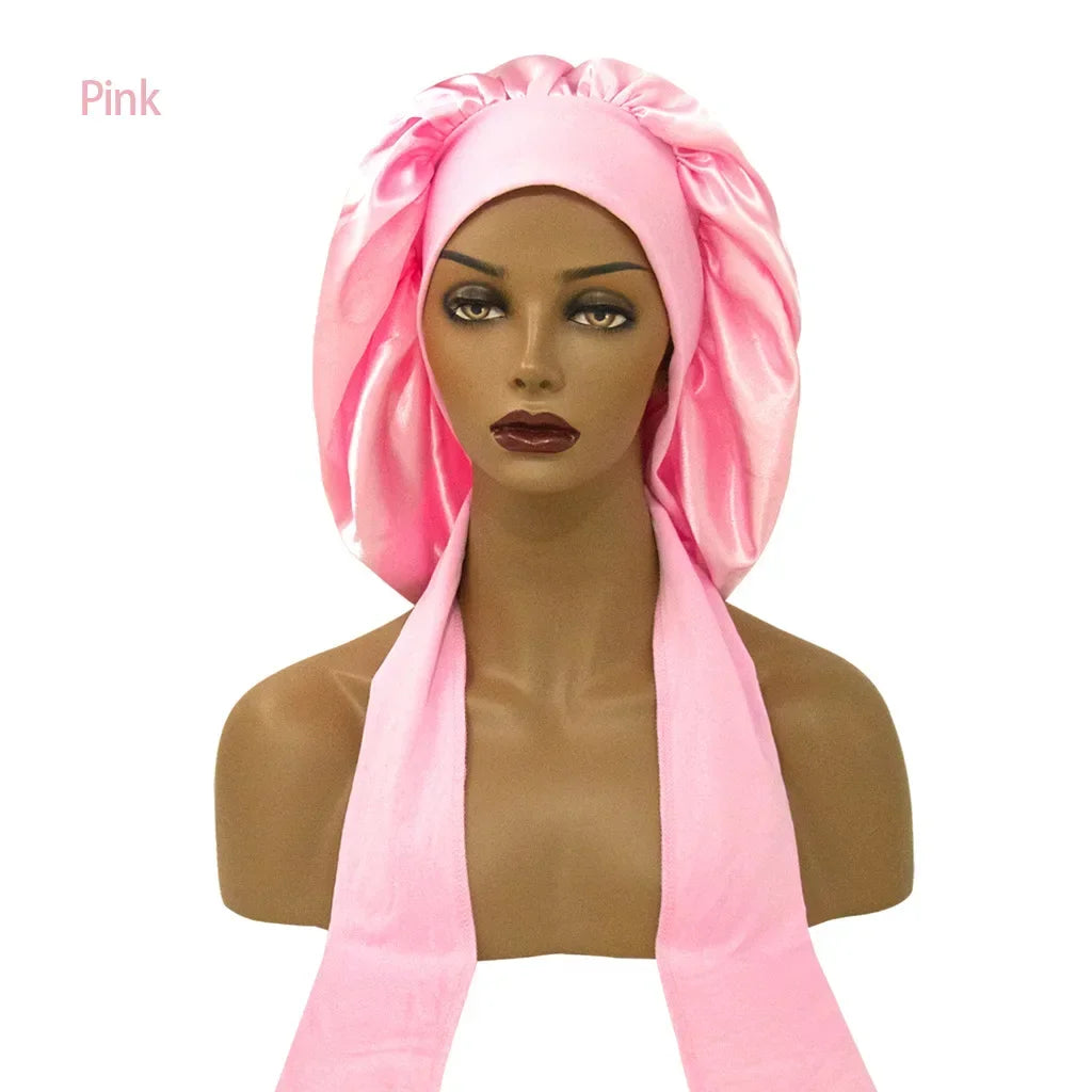 Breite Satin-Schlafhaube für Damen – Elastische Nachthaube mit Langem Bindeband für die Haarpflege