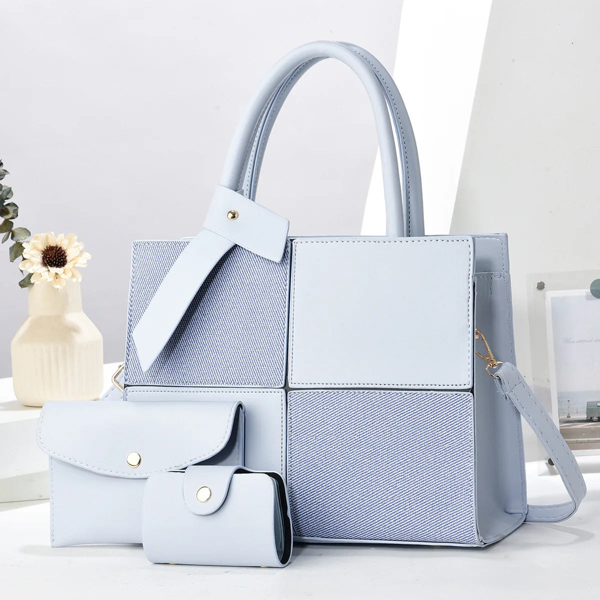 Modische Große Matel Handtasche mit Farbblock – Ein-Schulter Tasche | Macaron Stil Crossbody Damen Tasche Kaufschwan® Himmelblau