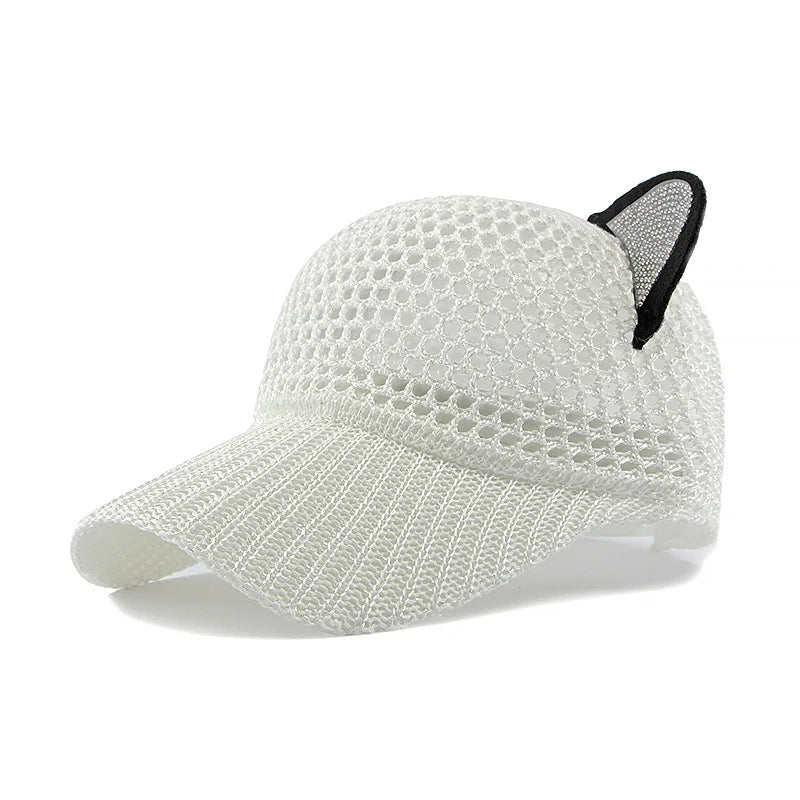 Damen Niedliche Katzenohren Mesh Baseballkappe | Verstellbare Sonnenschutz Baseballcap Kaufschwan® Weiß