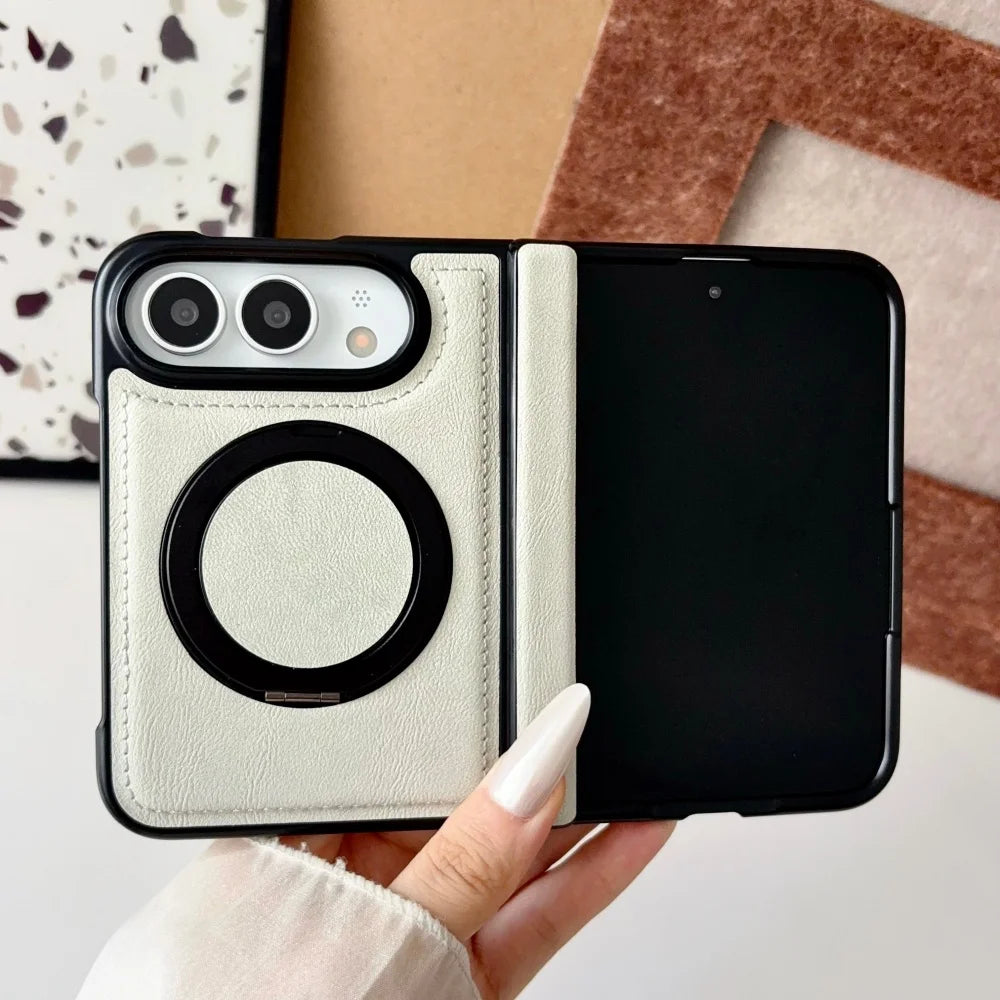 Luxuriöse Retro-Schutzhülle in Lederoptik für iPhone Duo – Magnetische MagSafe-Kompatible Hülle mit Drehbarem Ständer und Stoßschutz Kaufschwan®