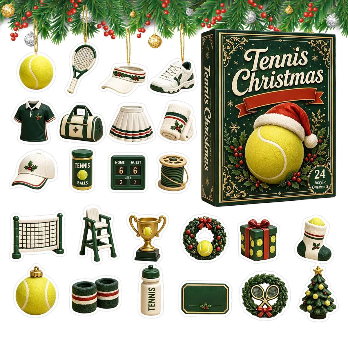 Tennis-Adventskalender – 24-Tage-Weihnachtskalender mit 2D-Tennisanhängern aus Acryl für Festtage & Geburtstage