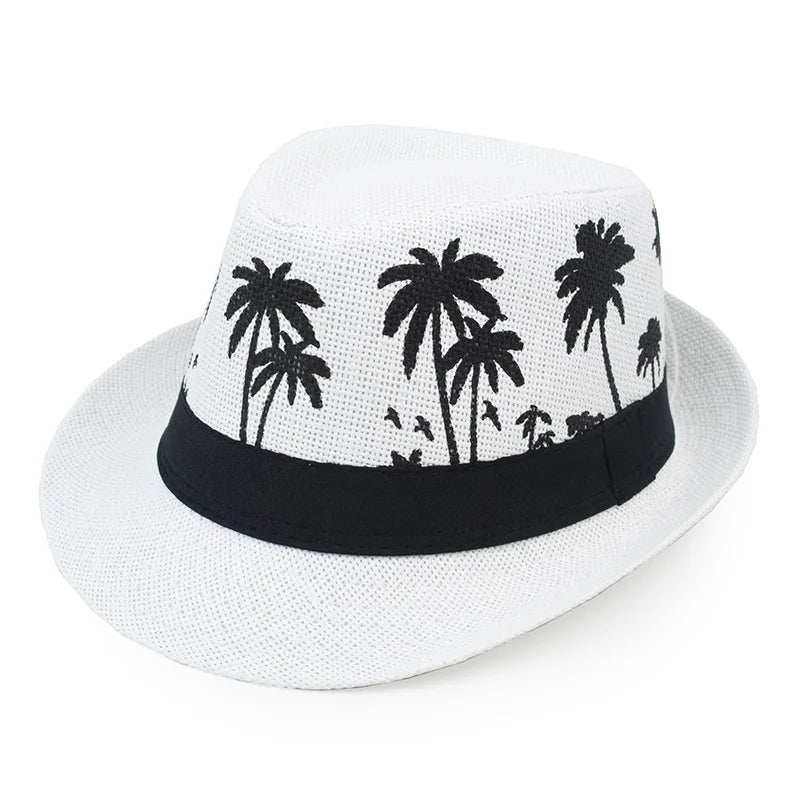 Sommer Strohhut – Herren & Damen, Kokosbaum-Muster, Outdoor Atmungsaktiv, Tropischer Jazz Fedora, Panama Hut Kaufschwan®