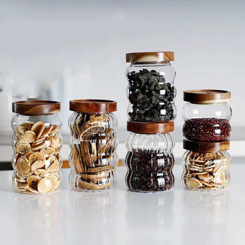 Glas Vorratsbehälter mit Holzdeckel & Streifen Design – Versiegelte Gläser für Tee, Kaffeebohnen, Getreide & Süßigkeiten Kaufschwan®