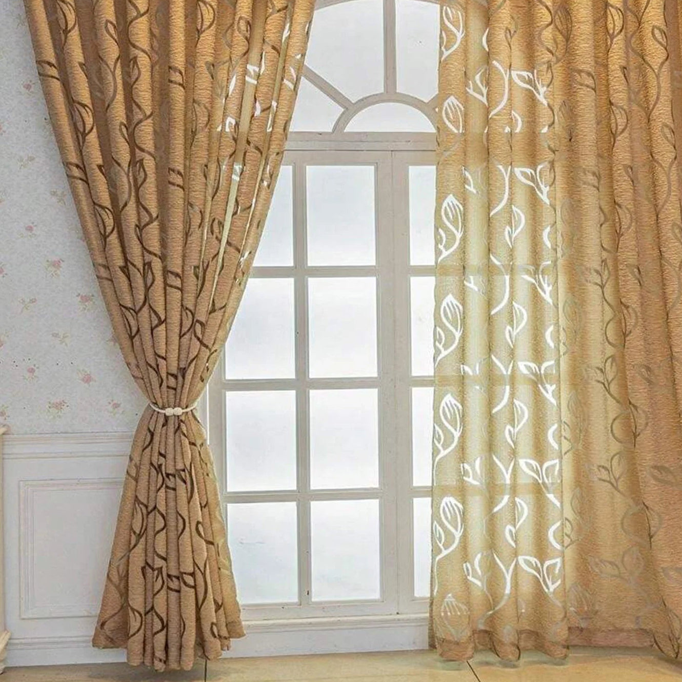 Bestickter Blatt Transparenter Vorhang mit Hohlausschnitt Stangentasche für Wohnzimmer Büro Dekoration Kaufschwan®
