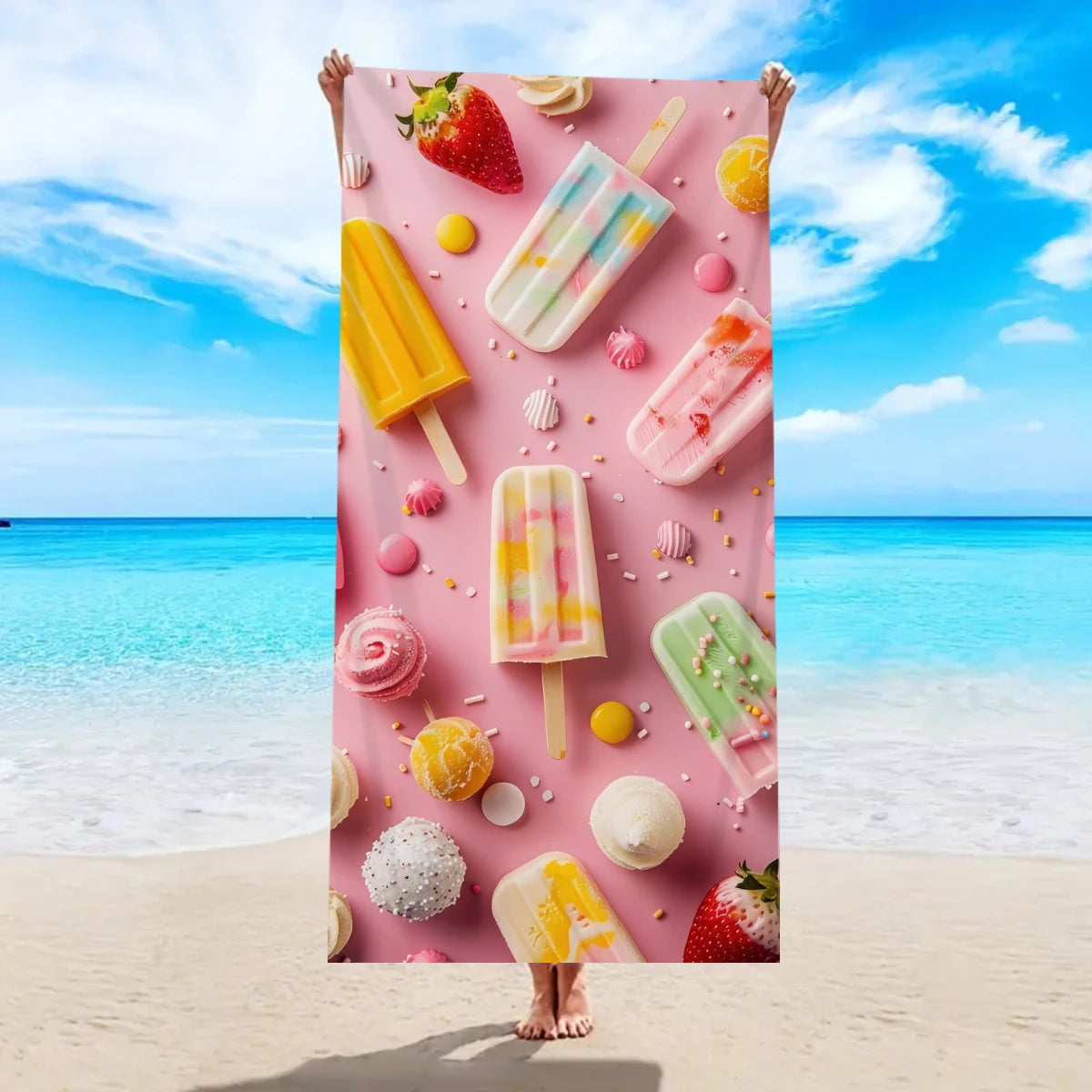 Strandtuch mit Eiscreme-Motiv – Schnell Trocknendes & Saugfähiges Mikrofaser Handtuch | Lustiges Sommer Handtuch für Reisen, Sport & Yoga Kaufschwan® Design 1 150x75cm
