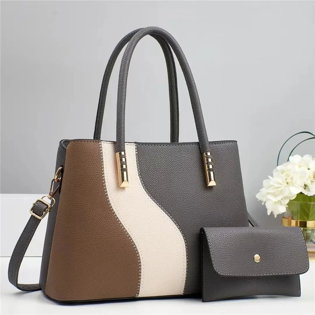 Große Modische Damenhandtasche im Farbblock Design – Sommer Schulter- & Crossbody Tasche mit Weichem Polyesterfutter Kaufschwan® Grau 33cm x 13cm x 25cm