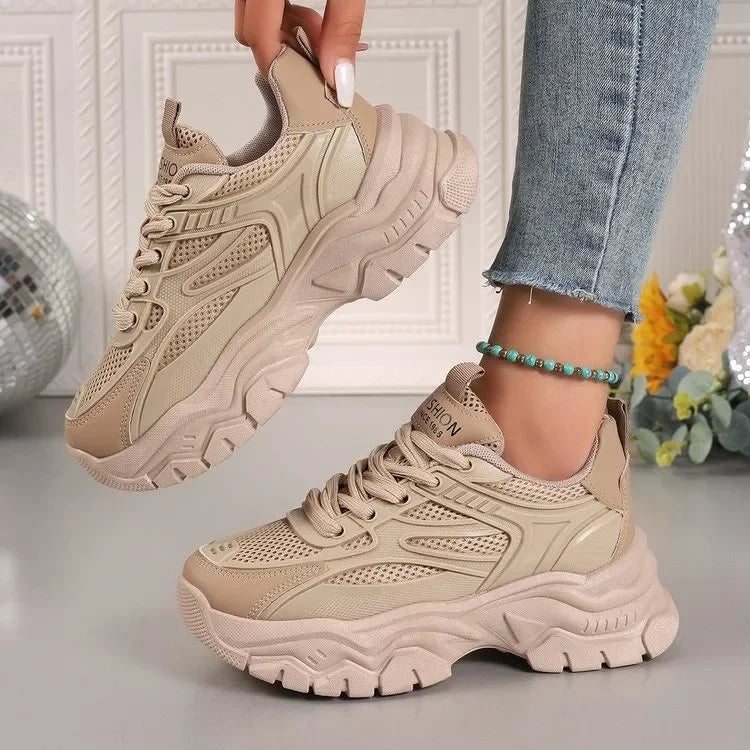 Damen Plateau-Sneaker – Runde Zehenform, Mesh Tennisschuhe | Herbstmode Atmungsaktive & Bequeme Sportschuhe Kaufschwan® Braun 35