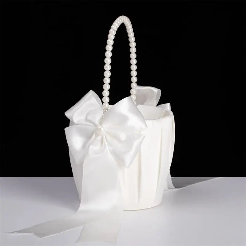 Blumenmädchen Korb mit Perlengriff – Faltbarer Hochzeitskorb für Blüten Kaufschwan® Weiß S
