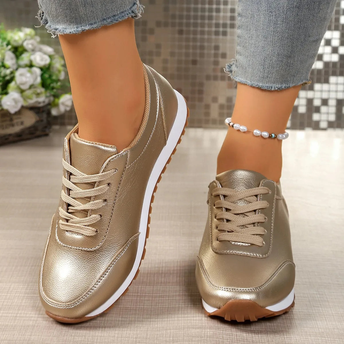 Damen Leder-Sneaker – Bequeme Schnürschuhe | Runde Zehenform, Flache Low-Top Schuhe für Frühling & Herbst Kaufschwan®
