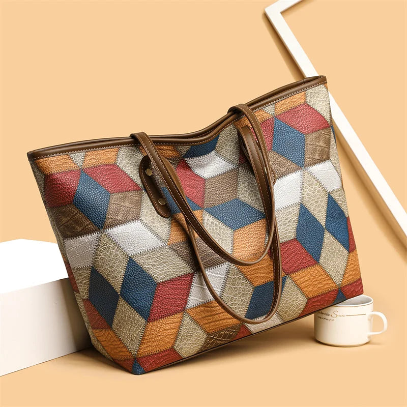 Damenhandtasche mit Großem Fassungsvermögen – Lässige PU Leder Patchwork Tote | Modische Unterarm & Schultertasche Kaufschwan®