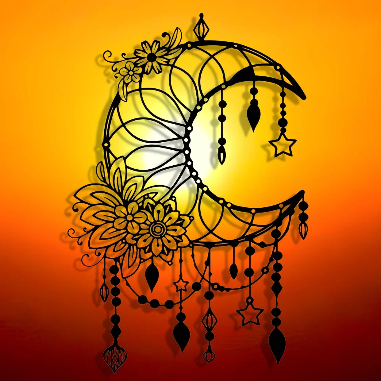 Elegantes Gothisches Mond & Blumen Metall Wandbild – Modernes Hängedekor Kaufschwan®