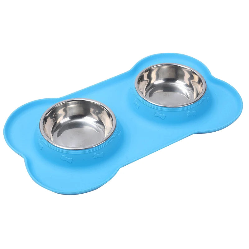 Edelstahl Doppelnapf für Hunde & Katzen – Rutschfester Futternapf mit 2 Edelstahlschalen Kaufschwan® Blau S