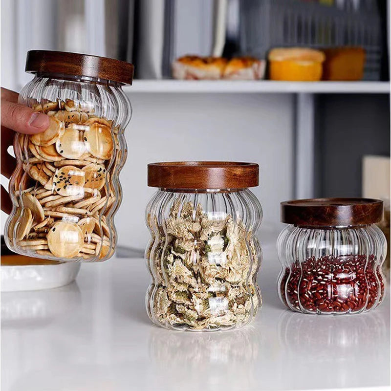 Glas Vorratsbehälter mit Holzdeckel & Streifen Design – Versiegelte Gläser für Tee, Kaffeebohnen, Getreide & Süßigkeiten Kaufschwan®