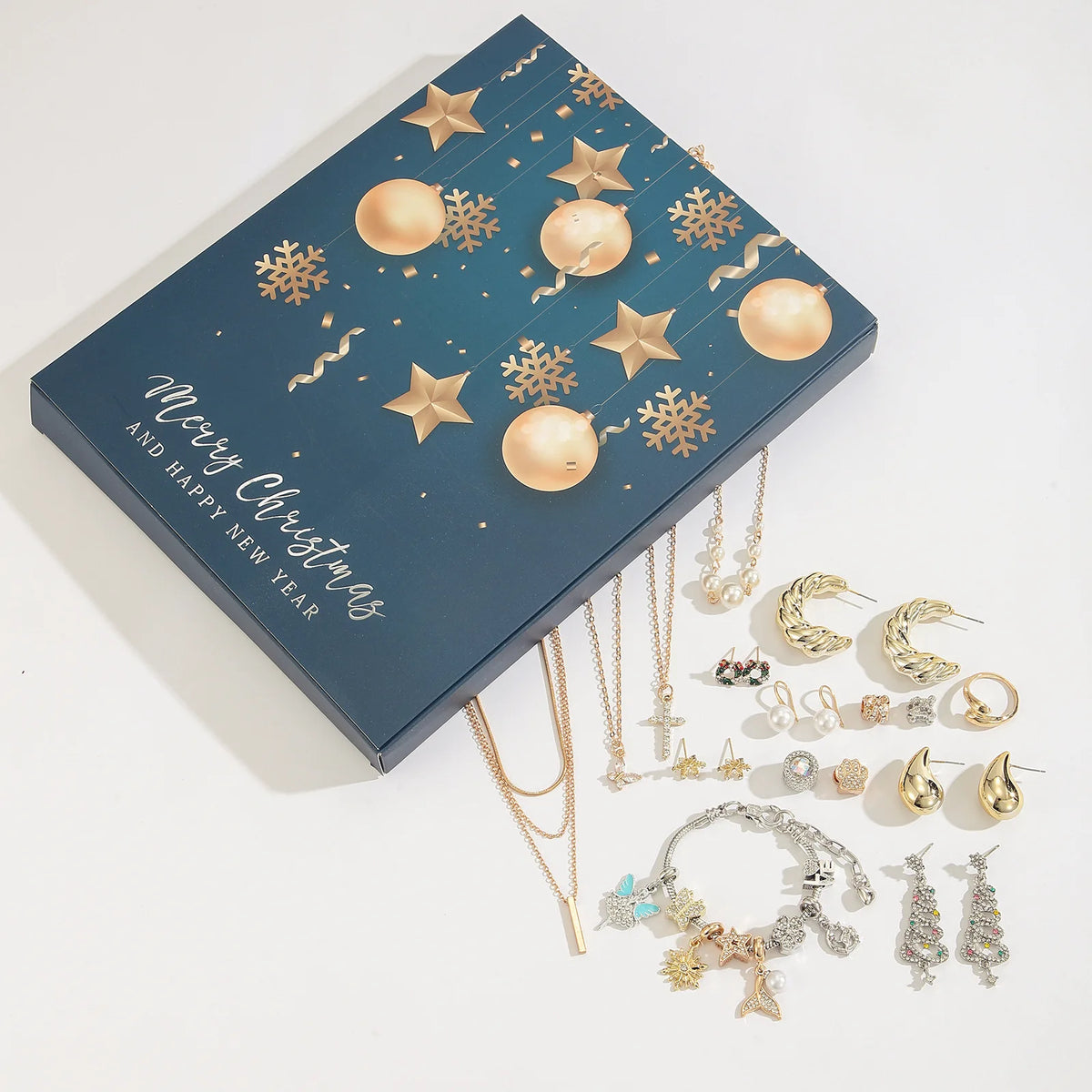 Goldfarbener Schmuck-Adventskalender – 24-Tage-Weihnachtskalender mit Halsketten, Armbändern & Ohrringen