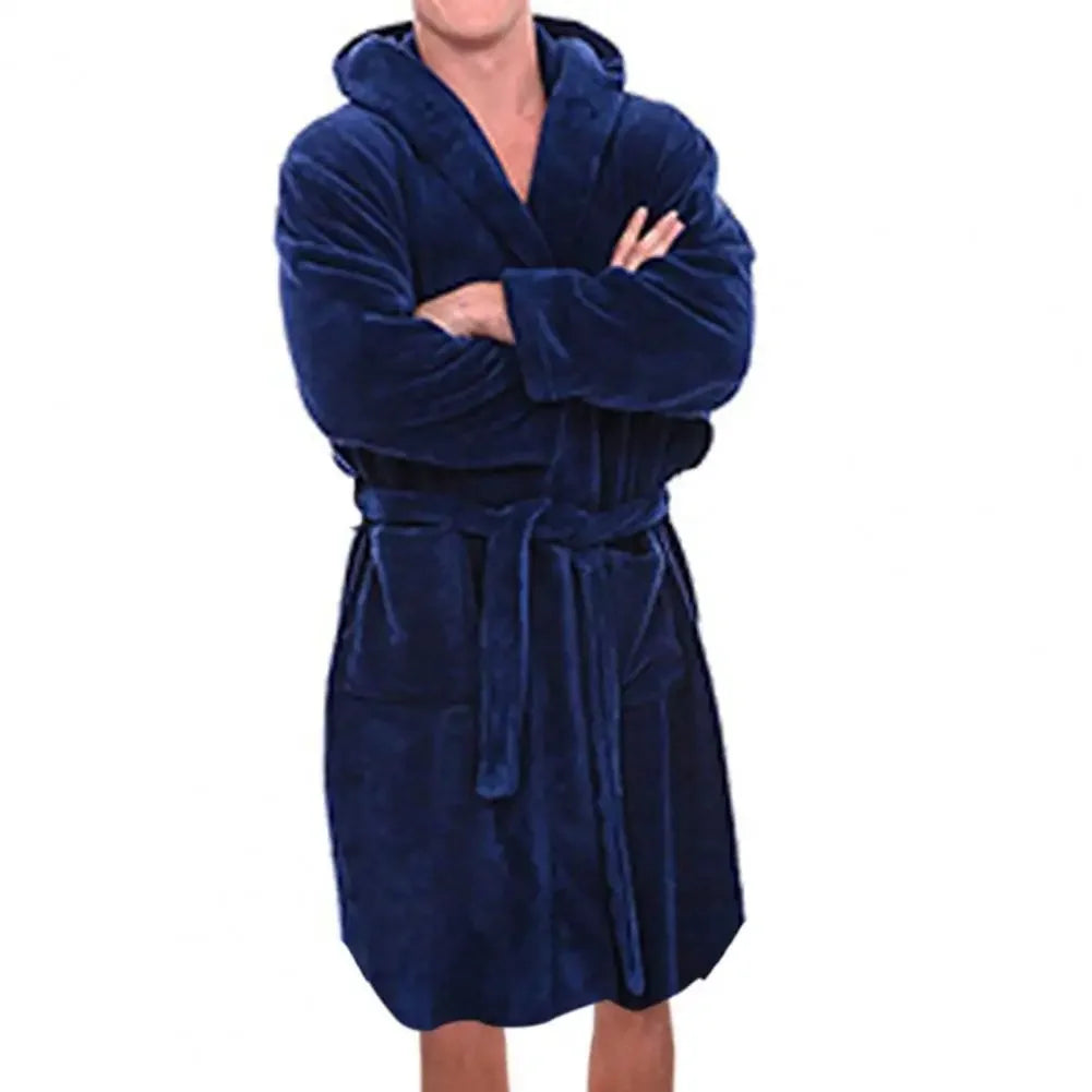 Herren Bademantel mit Kapuze aus Flanell – Warmer Morgenmantel mit Gürtel & Taschen, Weicher Schlafanzug für Zuhause Kaufschwan® Dunkelblau XL