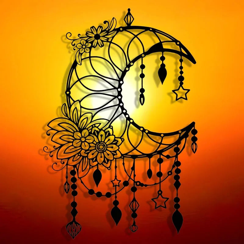 Elegantes Gothisches Mond & Blumen Metall Wandbild – Modernes Hängedekor Kaufschwan®