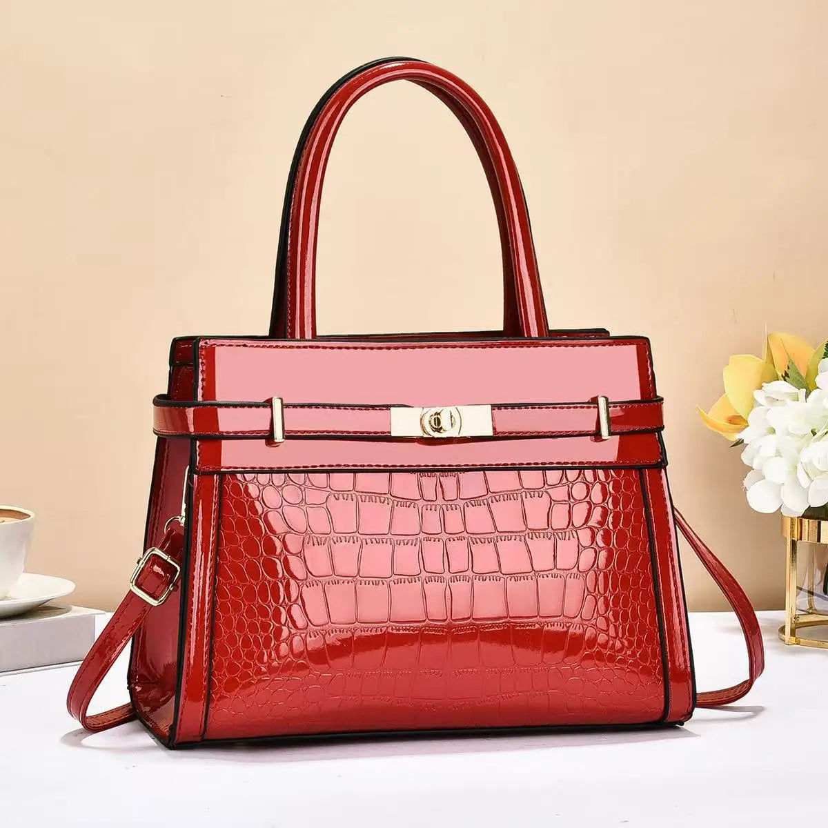 Stilvolle Damenhandtasche mit Kroko Muster – Große Mom Bag | Trendige PU Leder Pendler Schultertasche Kaufschwan® Rot