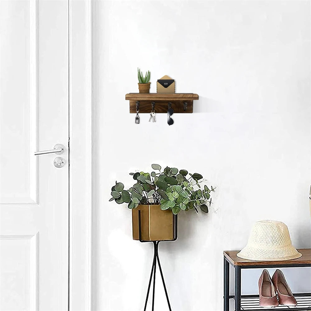 Rustikaler Holz Schlüsselhalter für die Wand – Landhausstil Wandregal | Wandmontierter Organizer mit 4 Metallhaken für Schlüssel & Deko Kaufschwan®