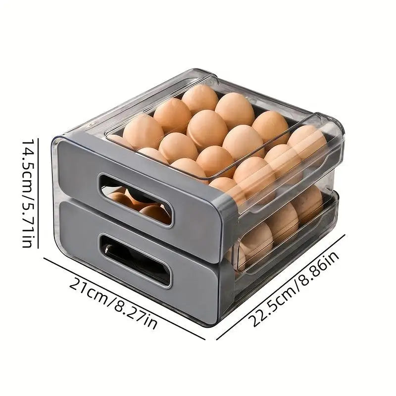 Eier Aufbewahrungsbox – 2-Lagiger Schubladen Kühlschrank Organizer | Große Kunststoff Eierbox für Küche Kaufschwan® Grau
