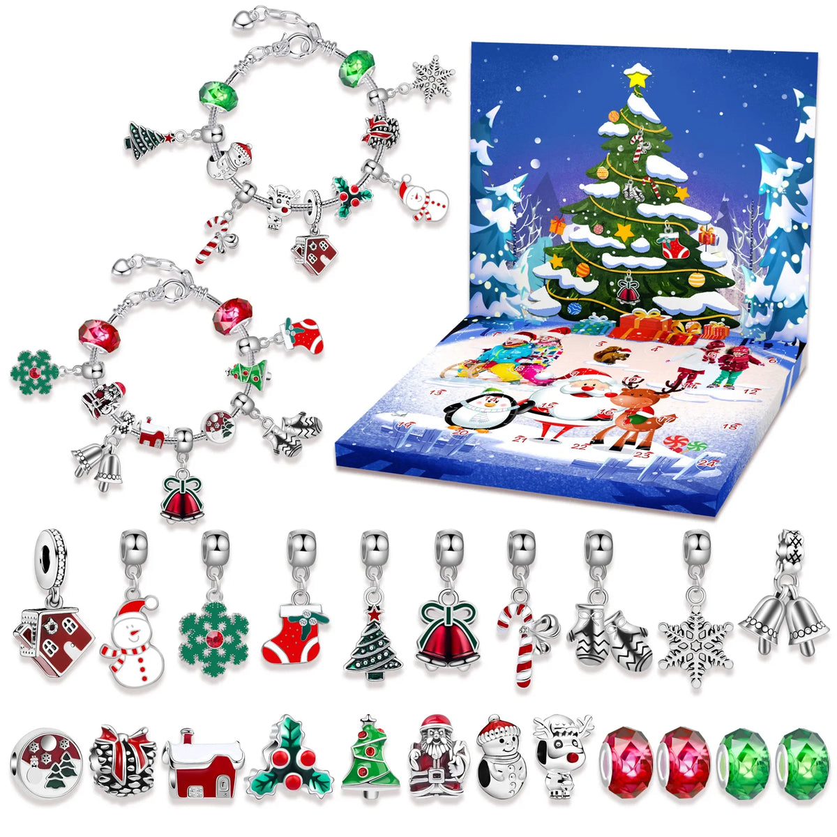 Weihnachts-Adventskalender mit Armband-Bastelset – Schneemann- & Weihnachtsmann-Geschenkbox für Mädchen