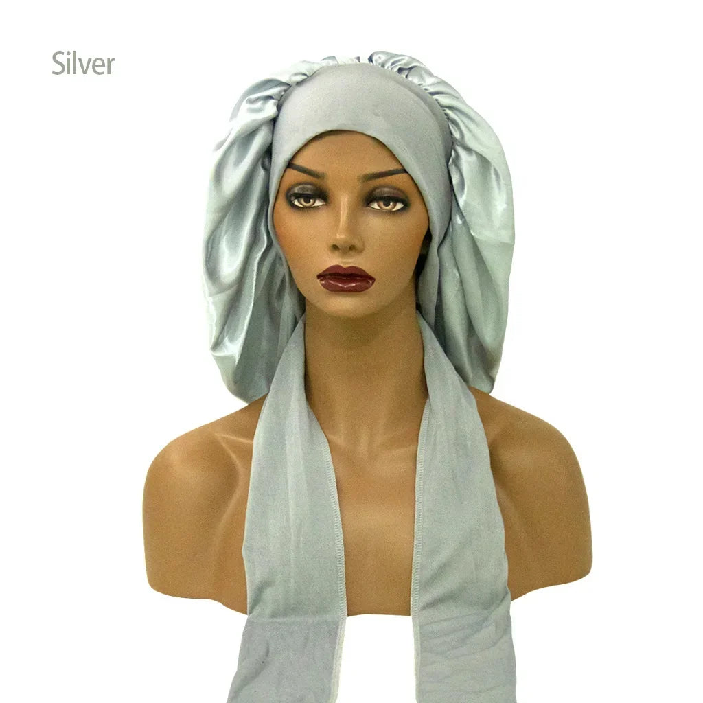 Breite Satin-Schlafhaube für Damen – Elastische Nachthaube mit Langem Bindeband für die Haarpflege