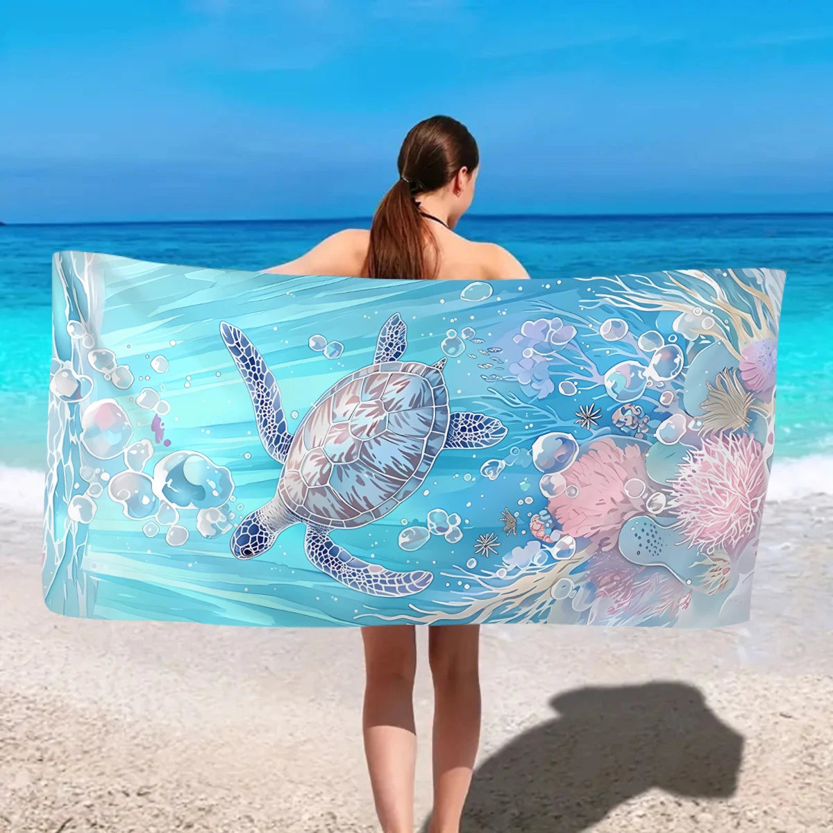 Großes Strandtuch mit Ozean-Motiv – Schildkröte, Seestern & Muschel Print | Schnell Trocknendes Saugfähiges Mikrofaser Strandtuch Kaufschwan®