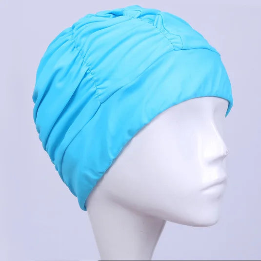 Damen Badehaube Turban Stil – Stoff Schwimmkappe | Schutz für Langes Haar & Ohren, Atmungsaktive Yoga- & Spa-Kappe in Mehreren Farben Kaufschwan® Hellblau
