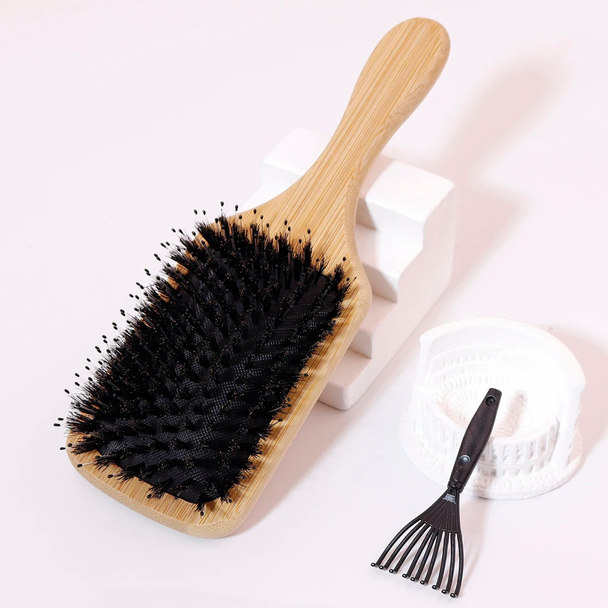 2 Stück Haarbürste mit Borsten & Rake-Kamm – Luftkissen Massagebürste für Glänzendes, Glattes Haar | Perückenfreundliches Styling-Set Kaufschwan® Holz mit schwarzen Borsten