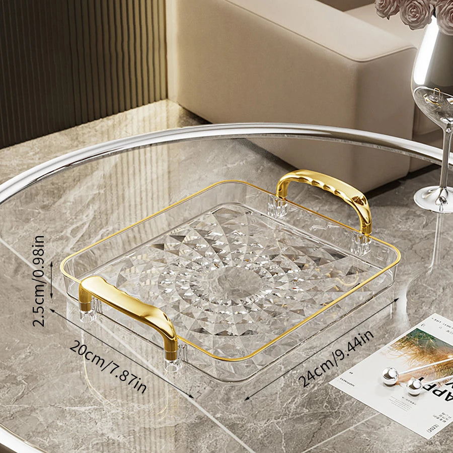 Transparentes Luxus-Serviertablett – Kunststoff Obst- & Desserttablett mit Griff, Dekoratives Aufbewahrungs- & Küchen-Organizer-Tablett Kaufschwan® Transparent Gold M