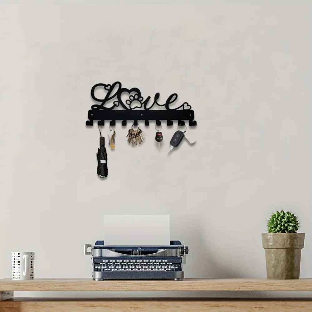 LOVE Metall Schlüsselhalter – Schwarzer Wandhaken aus Eisen mit 10 Haken | Dekorative Organizer-Leiste für Handtücher, Taschen, Kleidung, Caps & Schlüssel Kaufschwan®