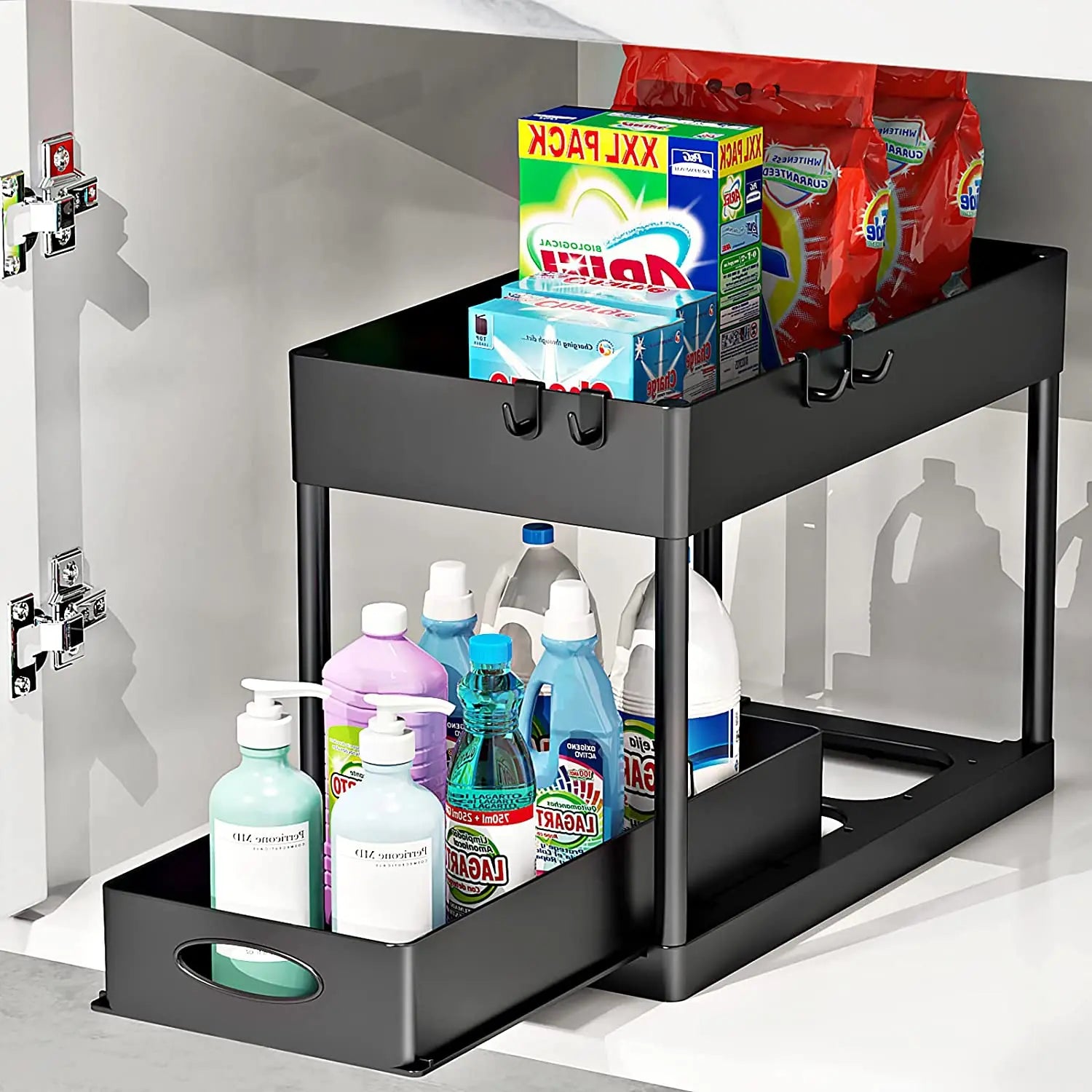 2-stufiger Unter-Spülbecken Organizer – Schiebbares Schrankregal mit Körben, Haken & Becher | Bad & Küchen Aufbewahrung Kaufschwan®