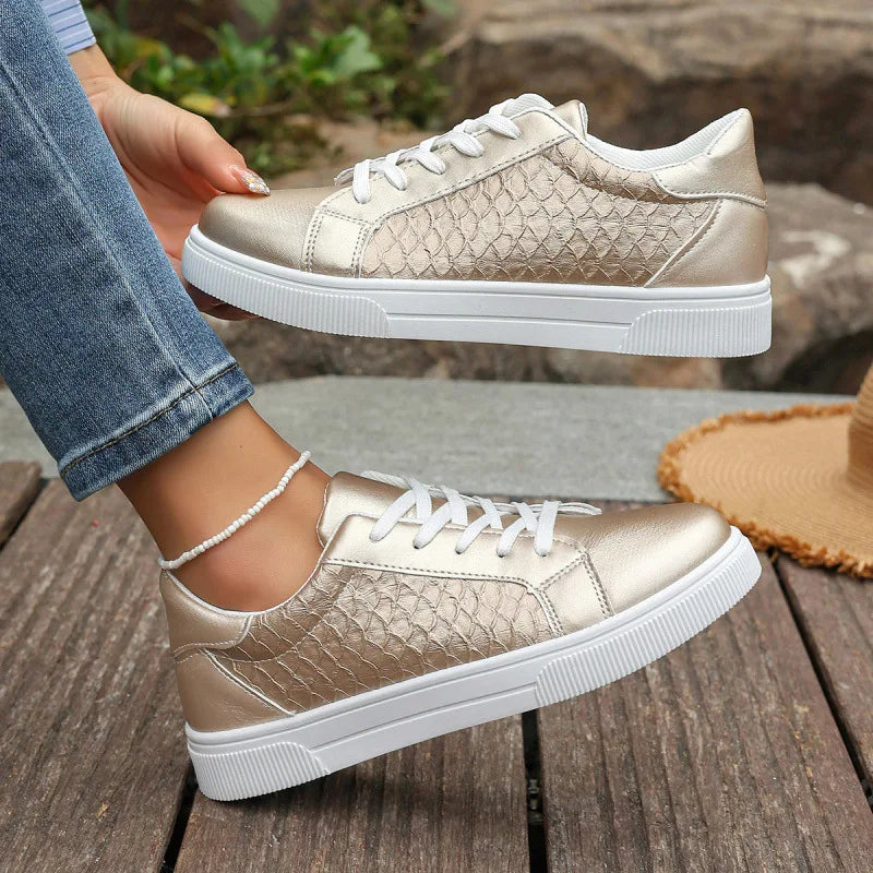 Damen Sneaker in Gold & Silber | Frühling & Herbst Schnürschuhe aus Weichem PU Leder | Modische Freizeitschuhe Kaufschwan®