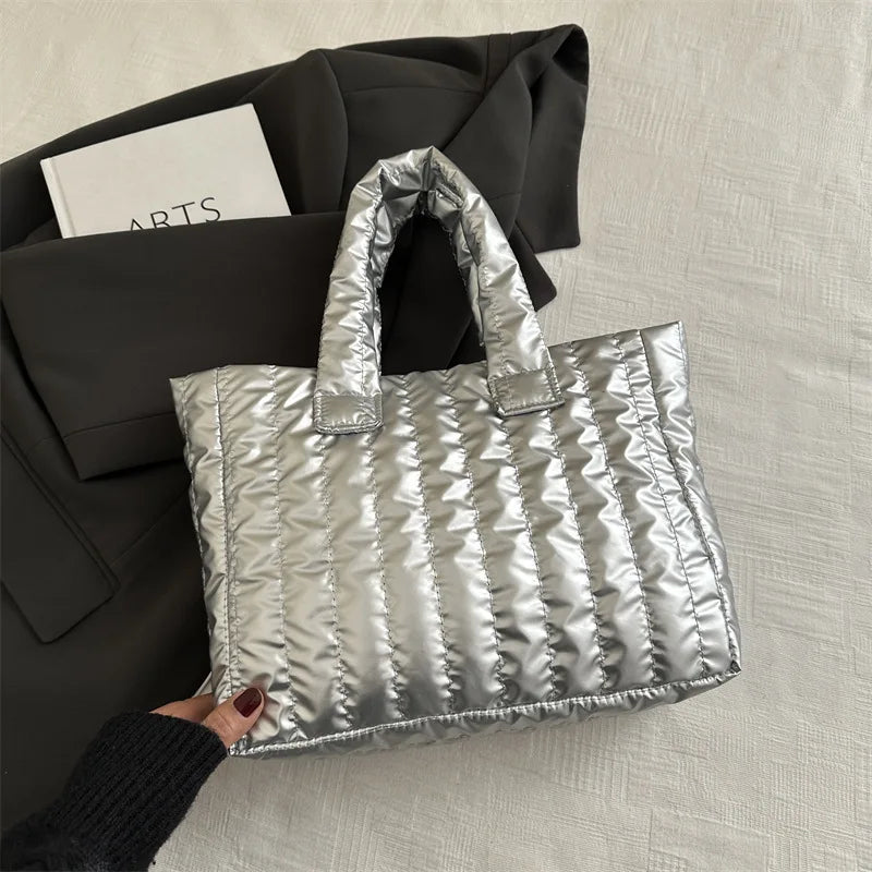 Damen Tote Bag – Gestepptes Nylon mit Baumwollpolsterung | Einfarbige Casual Fashion Schultertasche Kaufschwan® Silber