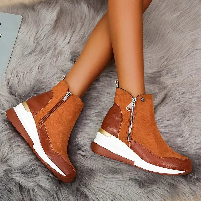 Damen Winterstiefel – Modische Plateau Knöchelstiefel | Kunstfell Keilabsatz Schneestiefel für Damen & Mädchen Kaufschwan® Braun 35