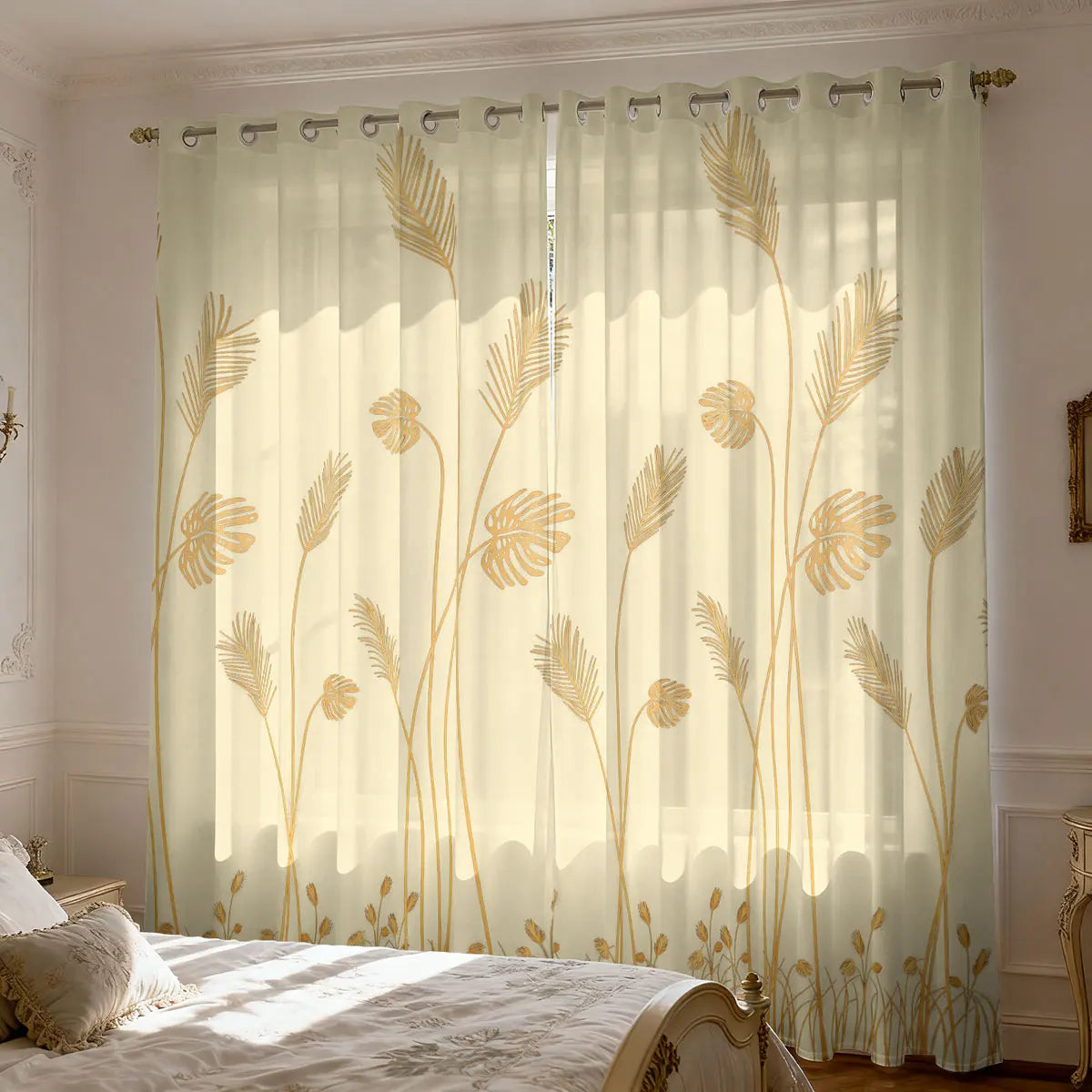 Schilf Pflanzen Print Wollvorhang Lichtblockierend Isoliert für Wohnzimmer Schlafzimmer 2 Stück/Set Kaufschwan® Beige - Gold 150x166 cm Ösenverschluss