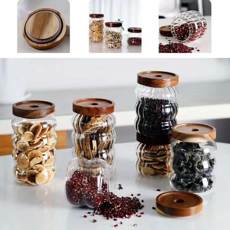 Glas Vorratsbehälter mit Holzdeckel & Streifen Design – Versiegelte Gläser für Tee, Kaffeebohnen, Getreide & Süßigkeiten Kaufschwan®